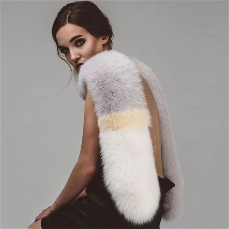 

RUNMEIFA New Winter Solid Patchwork Fox Fur Women Scarf Luxury Fashion Shawls Collar Elegant Soft Female Long Warmer Cape