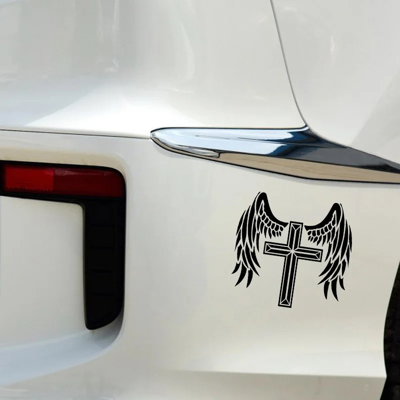 Наклейка на автомобиль с крутым дизайном "Ангел-хранитель креста защитит тебя", размер 14,1*13,3 см, виниловая, черно-серого цвета, модель C20-1532.