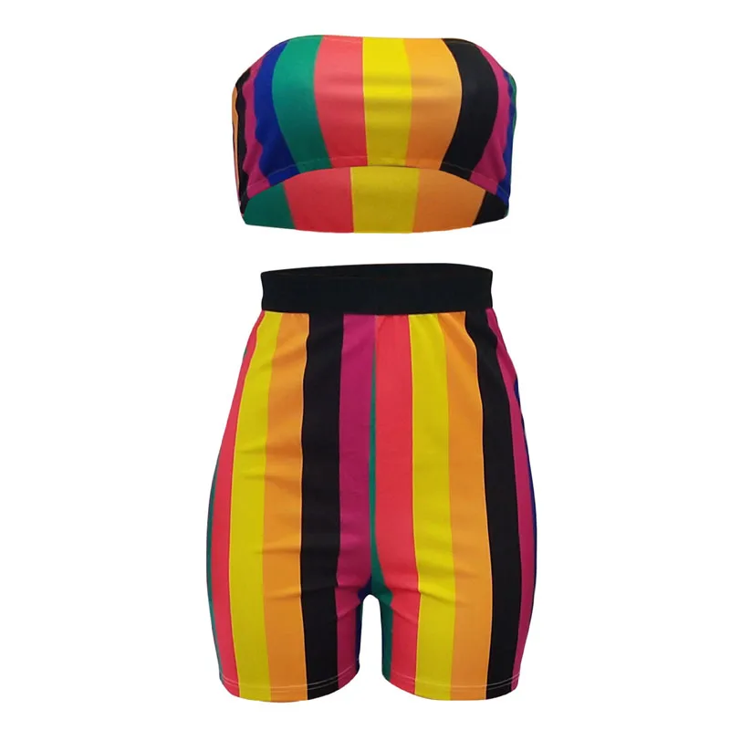 New Sexy Women set Strapless Crop Top and Shorts Two pieces Colourful Printed Striped Vacation Wear B06DR739 | Женская одежда
