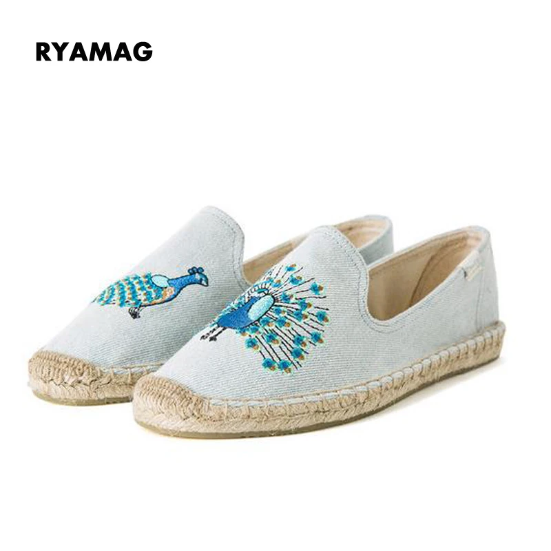 Женские холщовые эспадрильи синие туфли с вышивкой фламинго дышащие льняная