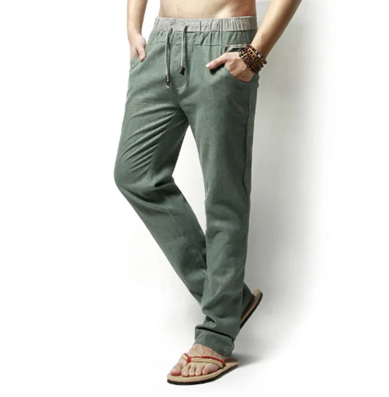 

Men Pants Linen Drawstring Flax Pants Straight Full Length solid Linen Cotton Home Men's Trousers Fashion Pants Linen Size M-3XL