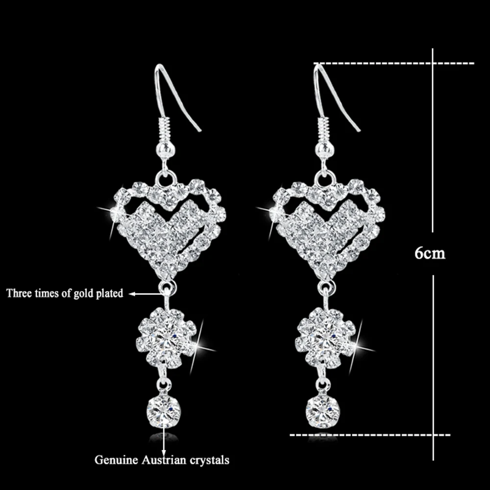 hot sale long silver design austrian crystal heart drop earrings famous brand statement earrings for women free global shipping