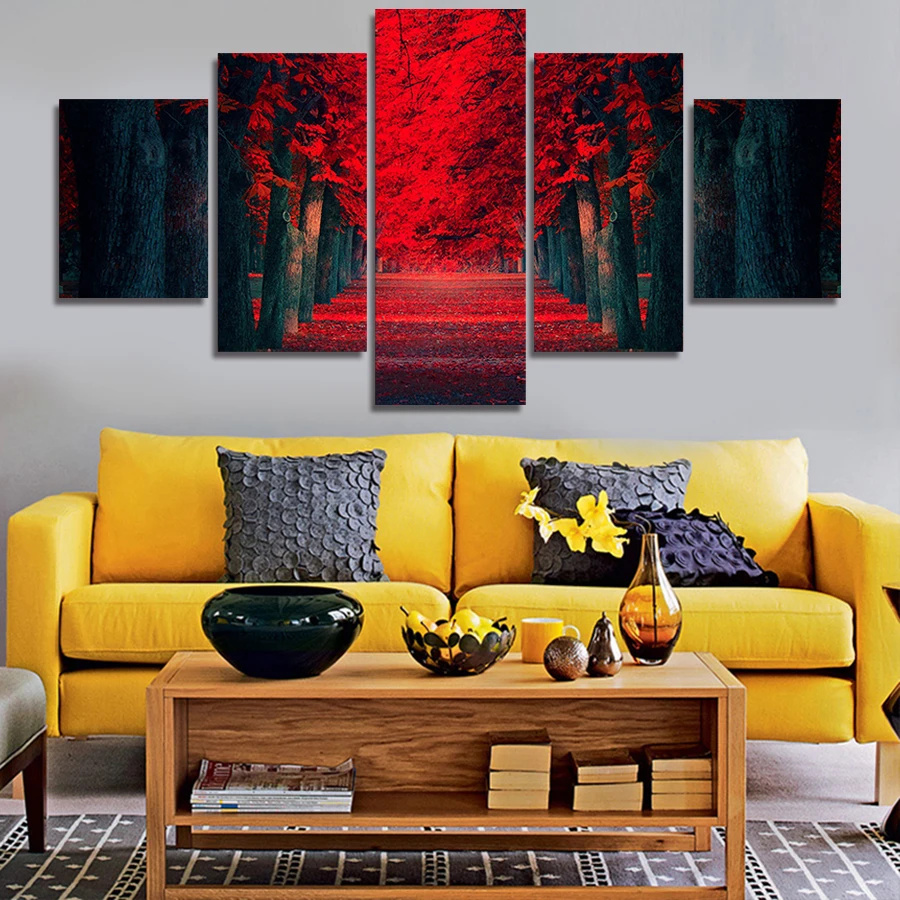 

5 Piece Picture Hot Abstract Beautiful Red Woods Modern Home Wall Decor Painting Canvas Art HD Print Painting For Living Room