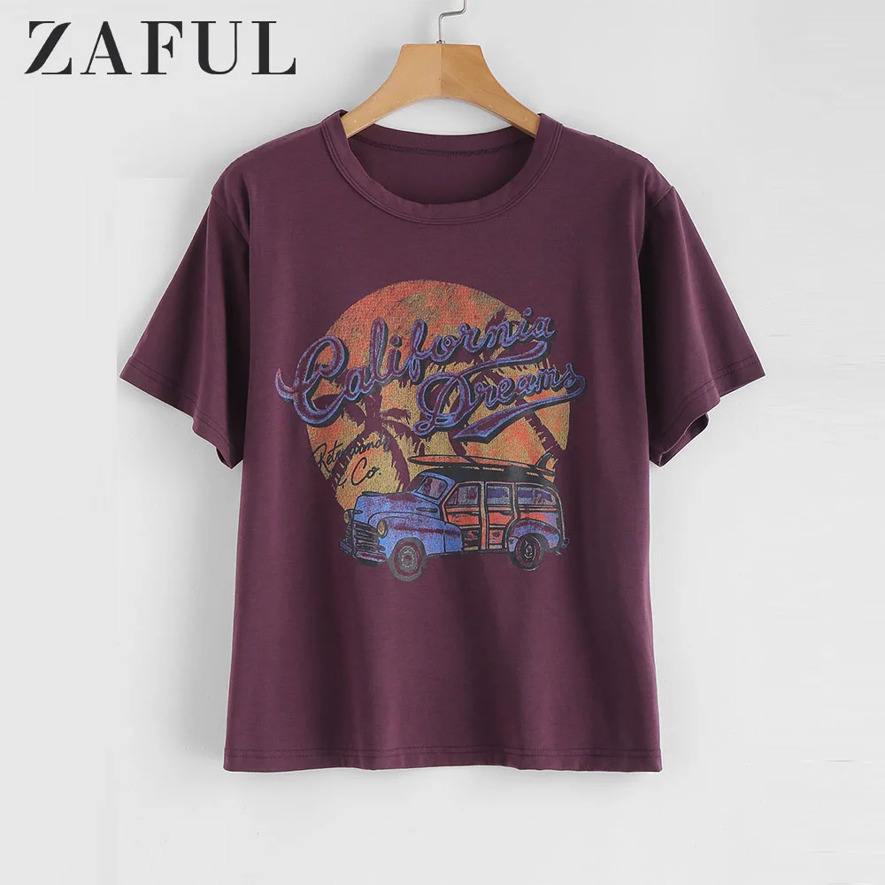 ZAFUL Ретро Автомобильная графическая футболка с коротким рукавом с круглым вырезом винтажные футболки женские уличные Топы California Dreams повседневные футболки