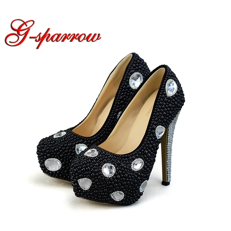 

New Arrival Black Rhinestone Single High Heel Shoes Female Formal Dress Shoes Pearl Honeymoon Mother of the Bride Shoes