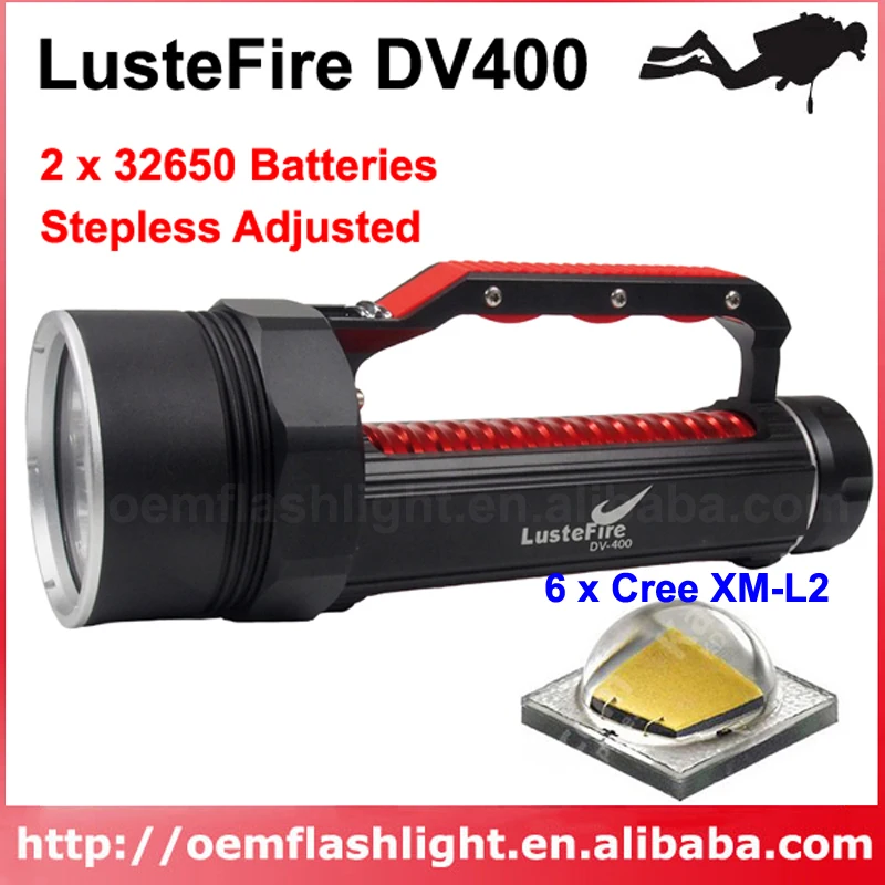 LusteFire DV400 6 x Cree XM-L2 NW 4000K / W 6500K 5000 Lumens Stepless Adjusted LED Diving Flashlight - Black ( 2x32650 )