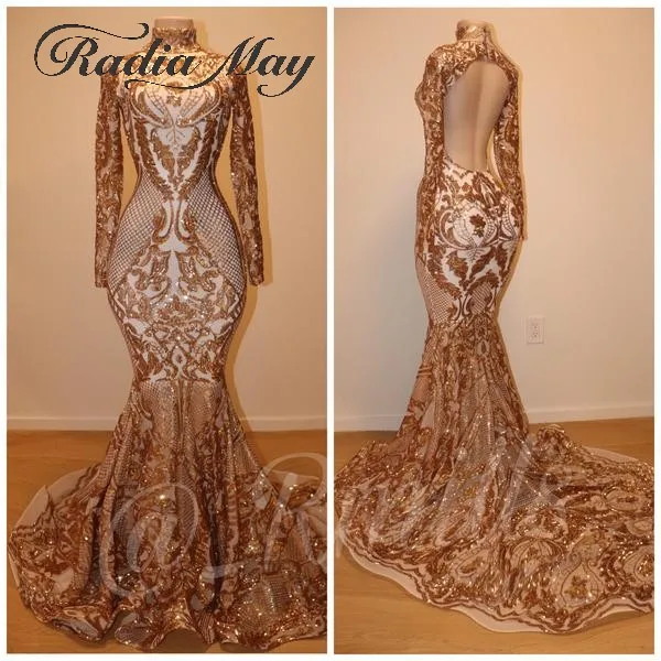 Черное и Золотое Платье Русалочки с открытой спиной длинными рукавами для