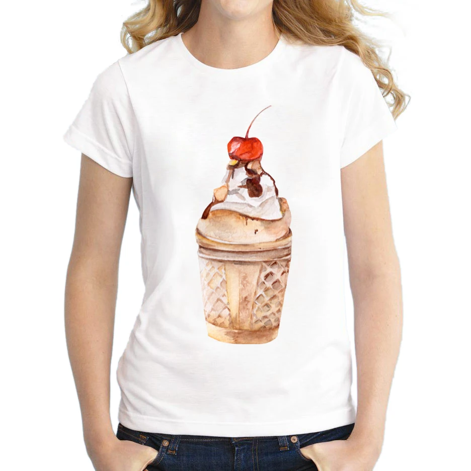 2018 новые летние женские футболки с принтом мороженого и вишни круглым вырезом