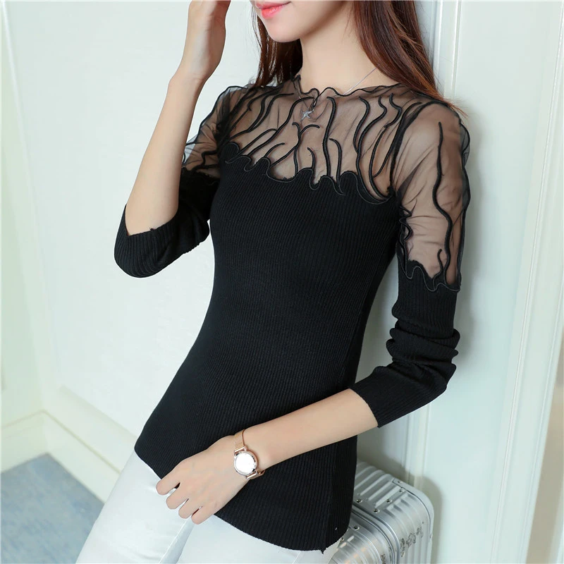 2019 Hitz head lace flounces Korean sweater slim female long sleeved shirt color | Женская одежда