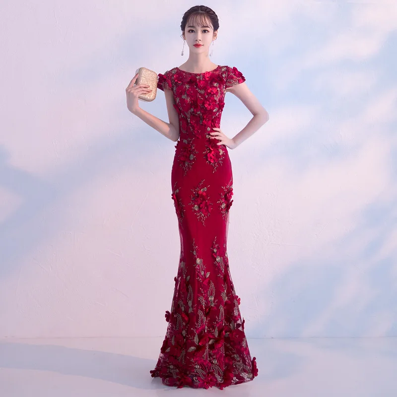

Темно-красное женское платье для невесты, для вечеринки, Cheongsam, Восточное женское элегантное тонкое платье с цветами в китайском стиле, длин...