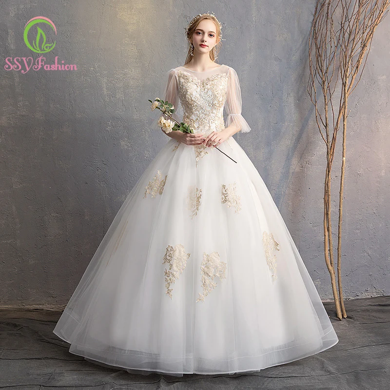 

Женское свадебное платье SSYfashion, белое кружевное бальное платье до пола, с рукавами-фонариками