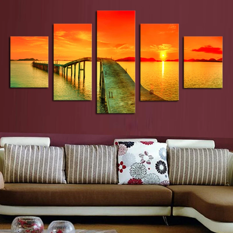 5 панелей без рамки Современная мост на закате морской пейзаж Картина холсте