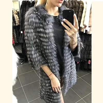 Роскошное пальто из натурального меха серебристой лисы, шуба, шуба, Женское пальто для женщин, модная зимняя куртка из натурального меха, пальто со средним рукавом - Цвет: 45cm sleeve silver