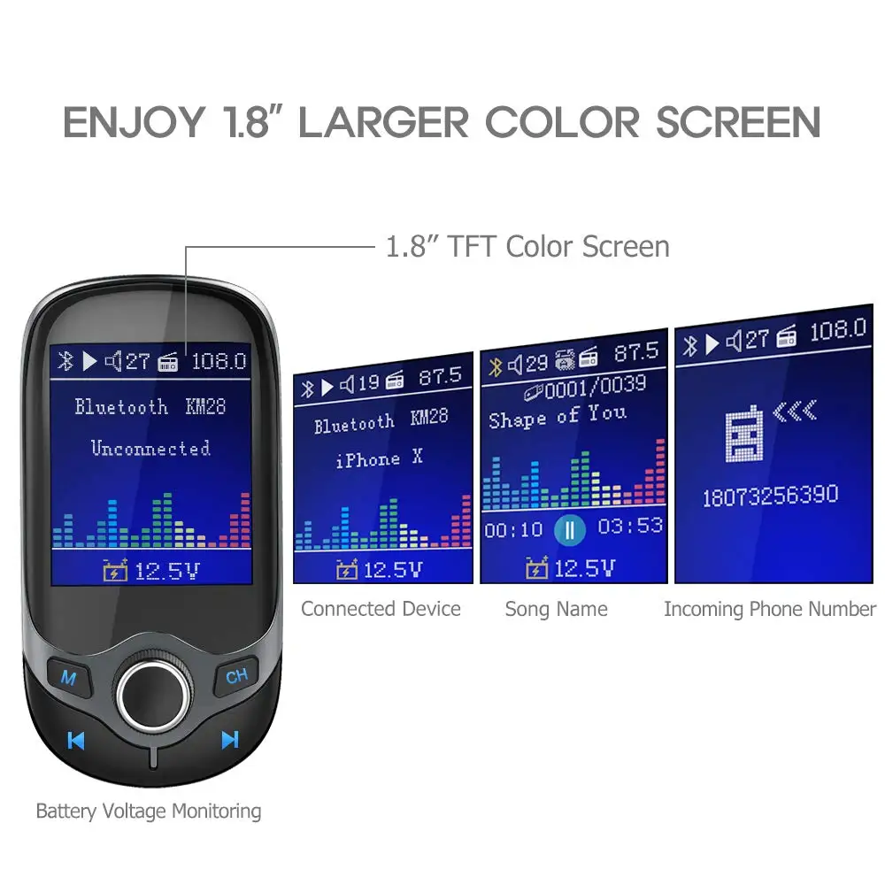 Nulaxy KM28 Автомобильный MP3-плеер 1 8 &quotцветной экран Bluetooth fm-передатчик с QC3.0 и 5 В 2.4A