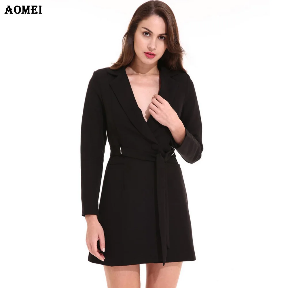 Женские весенние элегантные длинные блейзеры с поясом однотонные черные белые