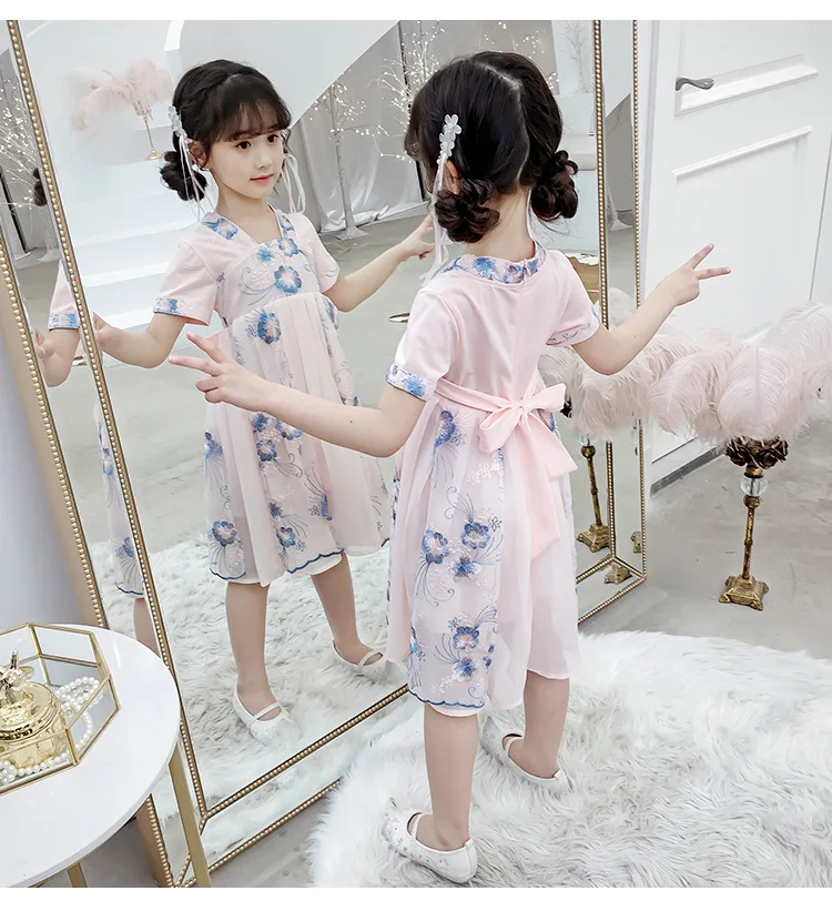 Hanfu/летнее платье принцессы для девочек, Новое Детское Сетчатое платье в китайском стиле с вышитыми цветами, костюм для девочек 2, 3, 4, 6, 7, 9, 10 лет