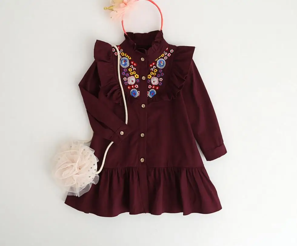 Новая осень хлопок Вышивка платья с длинным рукавом принцесса Обувь для девочек