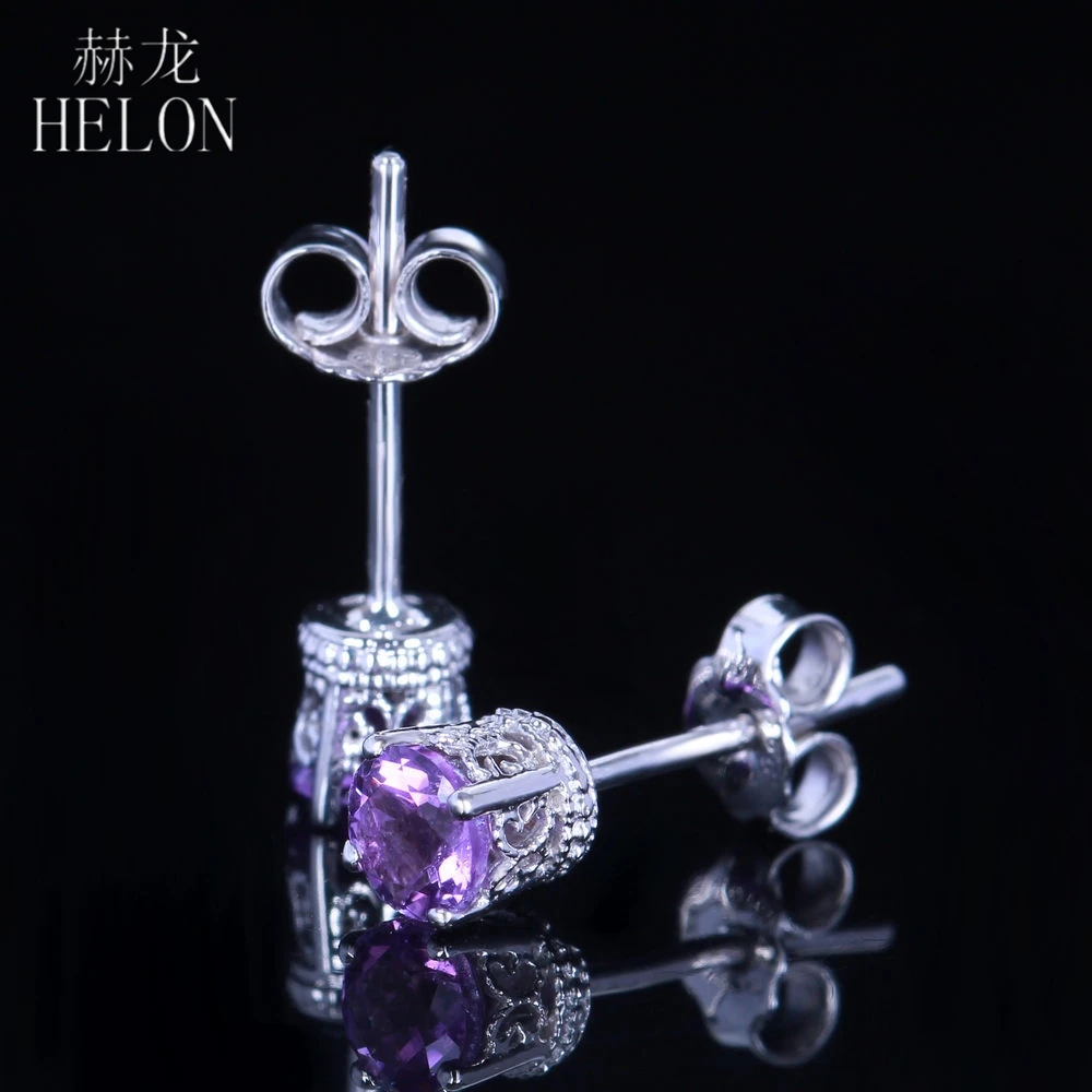HELON Art Deco серьги с аметистом Твердые 14 к белое золото натуральный 4 мм круглый аметист Свадебные модные современные женские серьги