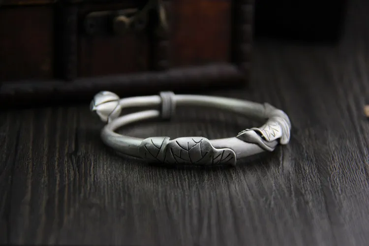 Pure Silver Ethical 925 Sterling Thai Bracelets Bangles Vintage Matt Open Size S925 Bangle Jewelry With Lotus Leaf Seed | Украшения и