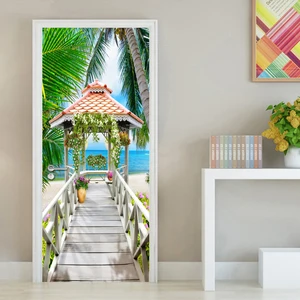 Современный 3D стереоскопический деревянный мост вид на море кокосовые пальмы пляжный фон Настенная роспись Дверь Наклейка ПВХ водонепроницаемые обои 3D