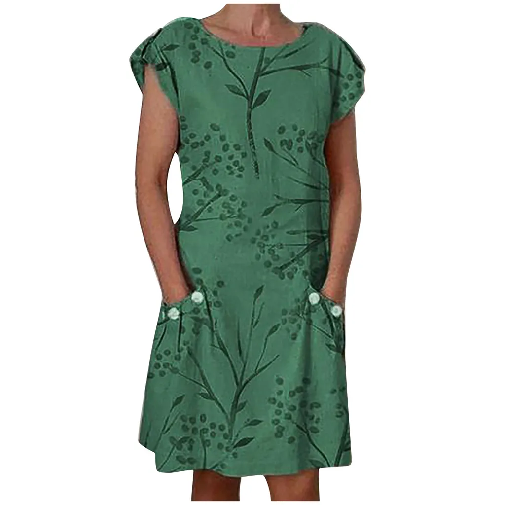 Женское повседневное мини-платье с круглым вырезом коротким рукавом и цветочным