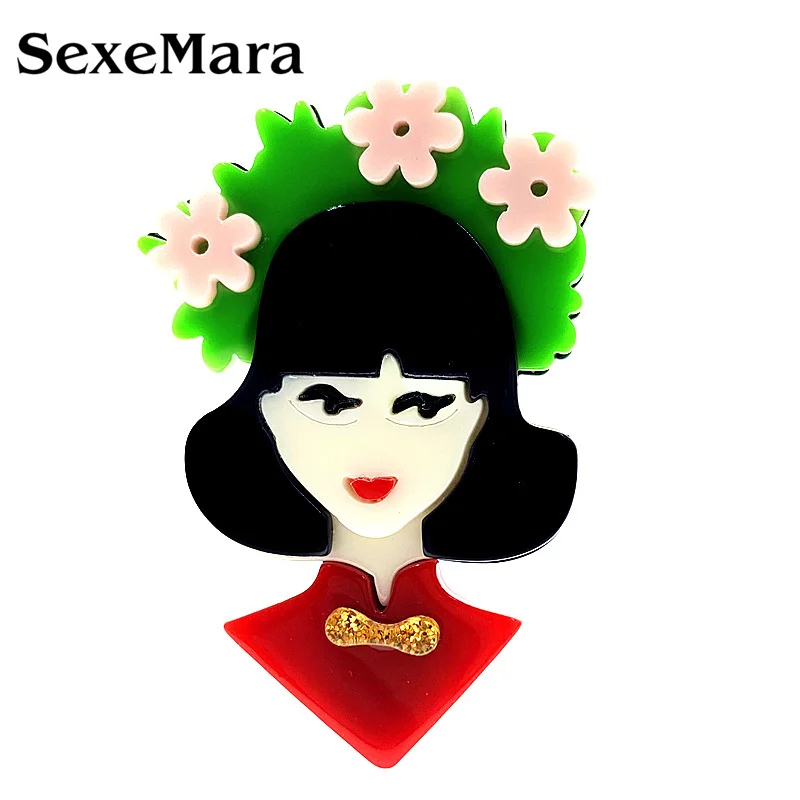 SexeMara/акрил девушка брошь на шпильке зеленого розового цвета с цветочным принтом