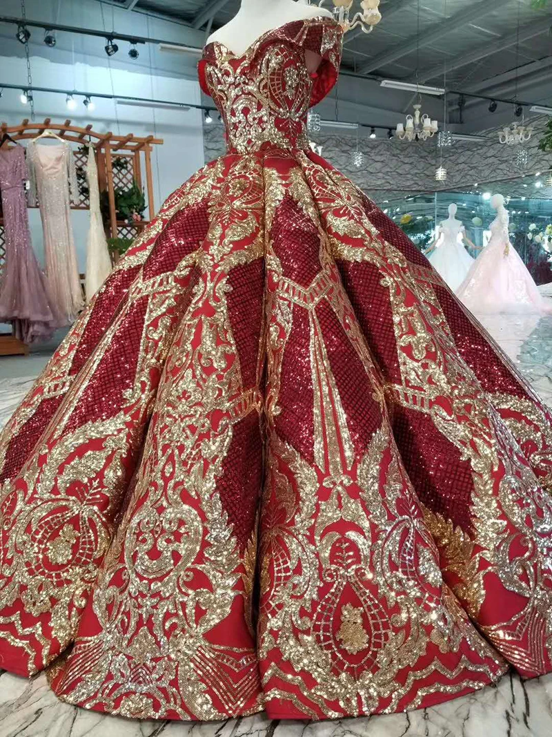 LSS124 роскошное платье в пол, королевское платье для выпускного вечера, Красное Бальное Платье, Золотое кружевное вечернее платье, блестящее платье