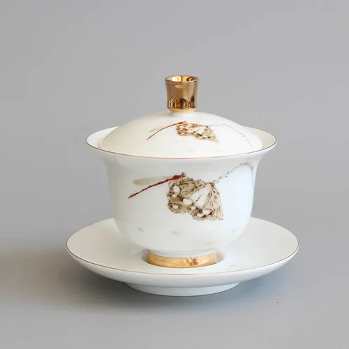 130 мл Цзиндэчжэнь ручная работа Gaiwan керамическая фарфоровая Золотая белая чайная чаша с крышкой блюдце набор чайная супница чайный горшок чайная посуда для напитков - Цвет: B