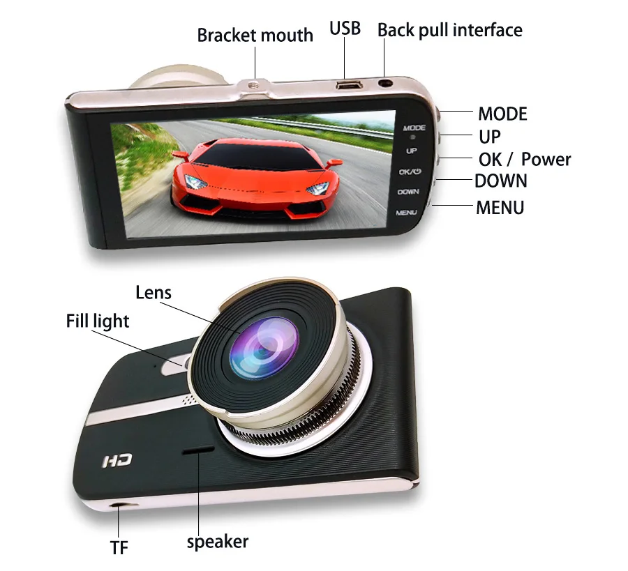 E ACE Автомобильный видеорегистратор FHD 1080P Dashcam 4 дюйма с двумя объективами ночного