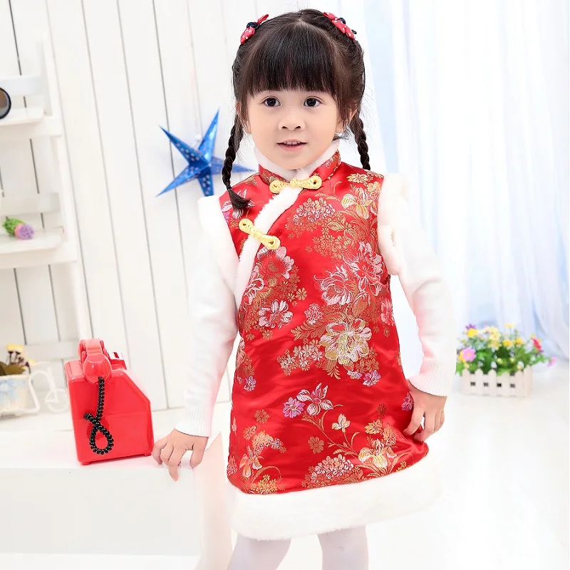 Детские стеганые куртки для девочек Qipao платье без рукавов Tang зимний жилет |