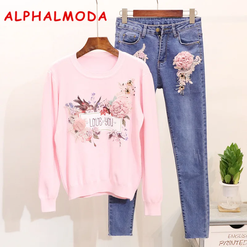 ALPHALMODA джемпер с цветочной вышивкой Love + джинсы карандаш низкой талией женские