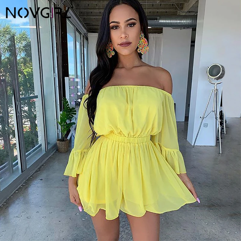 Novgirl Sexy Off Shoulder Chiffion Playsuit Rompers Women 2019 Summer Flare Sleeve Slim Waist Wide Leg Jumpsuit Yellow Overalls | Женская