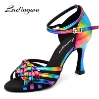 free shipping latin salsa shoes lady ladingwu rainbow color 2019 pu 9cm heel ballroom latin dance shoes women new brand