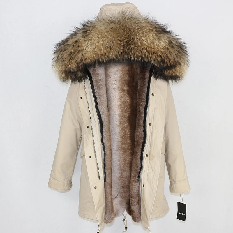beige natural D OFTBUY, длинная парка, зимняя куртка, Женское пальто с натуральным мехом, большой воротник из натурального меха енота, теплая Толстая Уличная одежда, повседневная верхняя одежда - Цвет: beige natural D