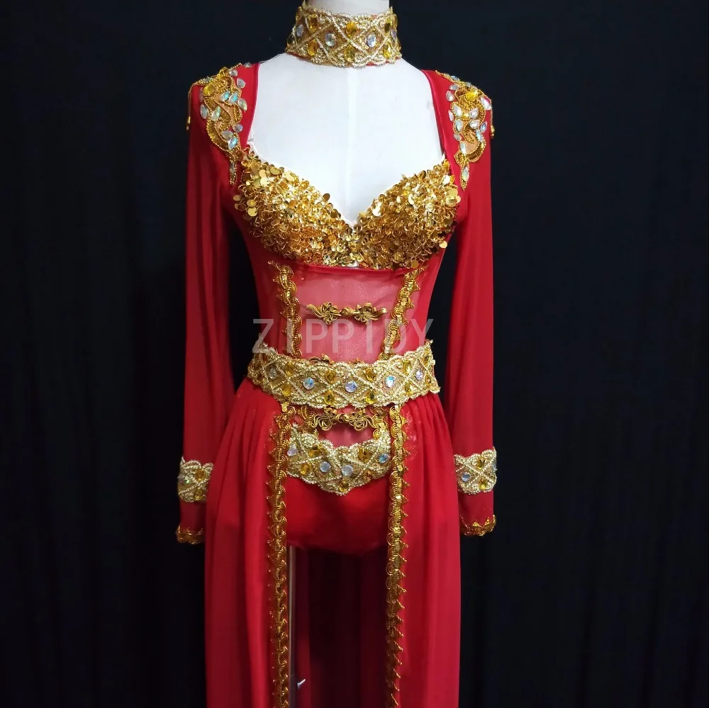 Женский танцевальный костюм красный и золотой с юбкой из двух предметов для