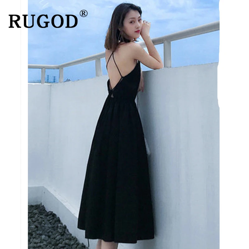 

RUGOD Elegant Lackless Long Dress Women Sexy V neck Mid-length Spaghetti Sling Dress Ladies Wear Fashion Summer Beach Dresses