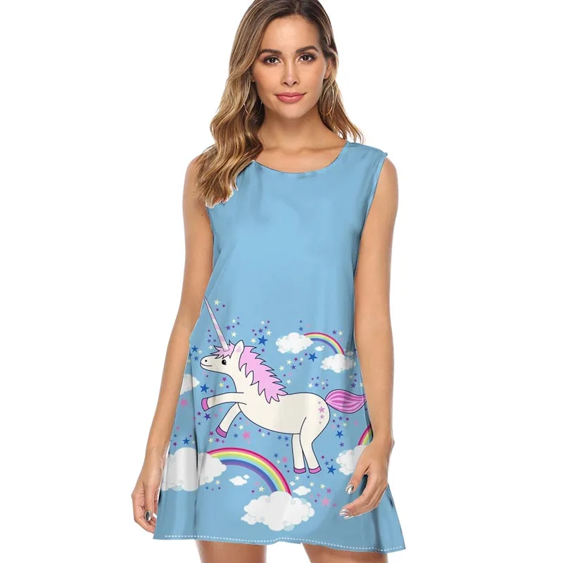 Rainbow unicorn Print Dress Women Fashion Sleeveless O neck Casual Loose Summer Mini Cute Chiffon fashion Dresses | Женская одежда