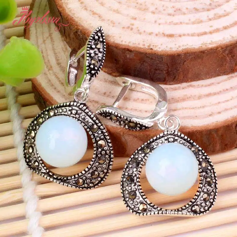 10mm Round Shell Agates Cat Eye Coral Inlaid Marcastie Tibetan Silver Gorgeous Jewelry Stud Earrings 1 Pair Wedding Party Gift