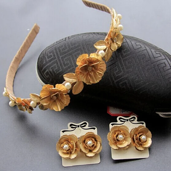 

Vintage Gold metal flower leaves Baroque headband hair bands accessories Flower Stud Earrings Women Jewelry SET