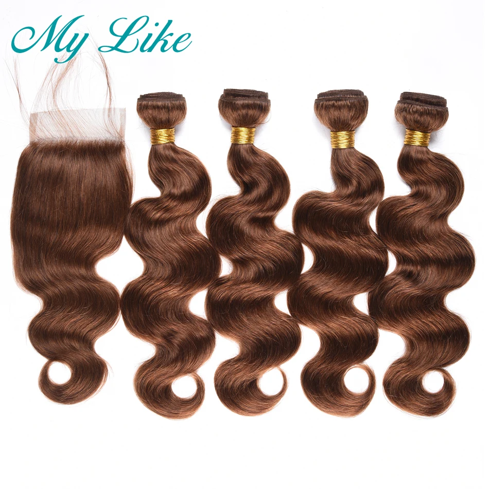 Пряди волнистых бразильских волос с закрытием #4 коричневый не Реми 4 пряди