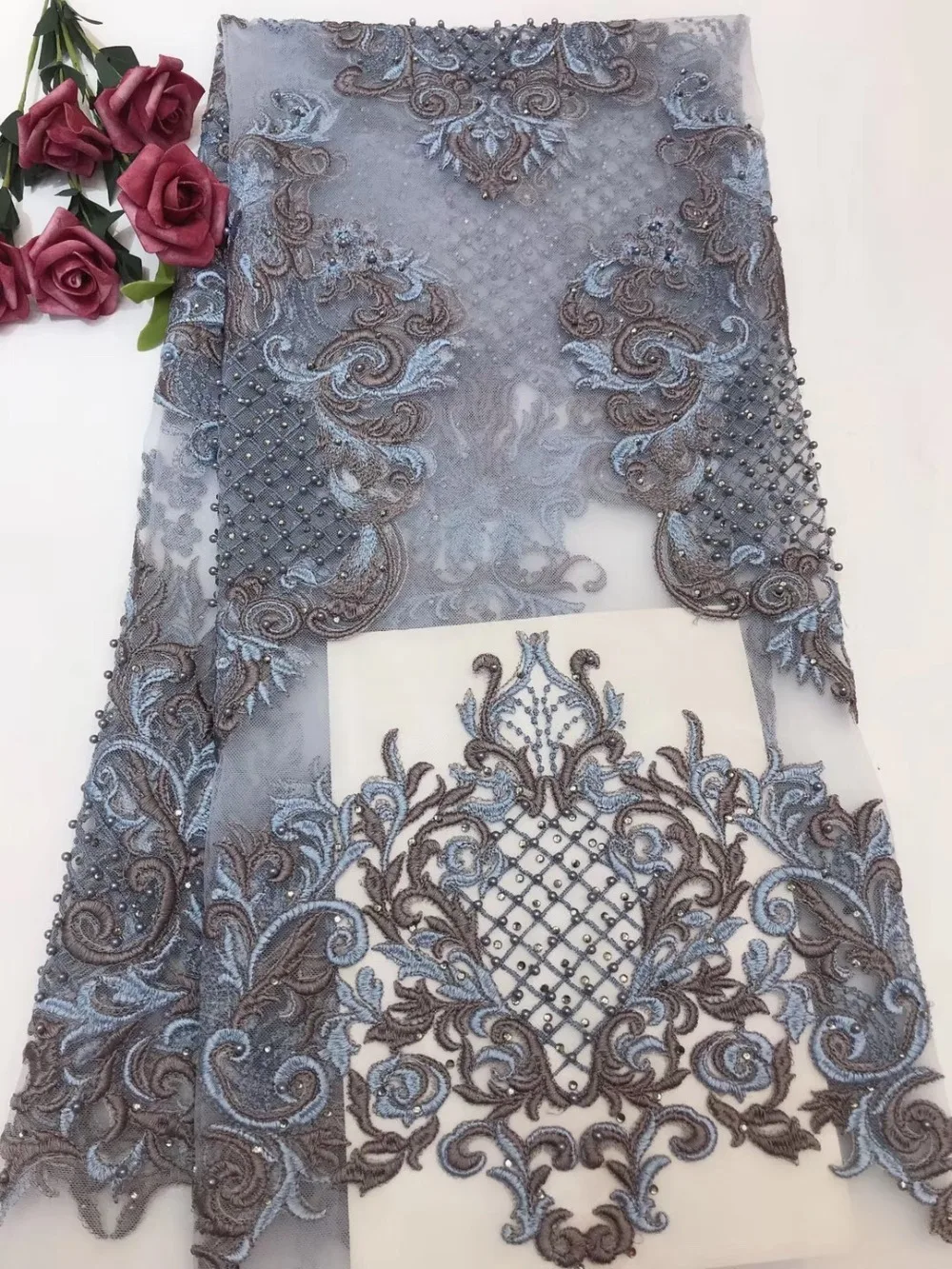 

New high quality African 2019 lace wedding dress fabric, French chiffon lace embroidery with fine beads in fabric 5 yards