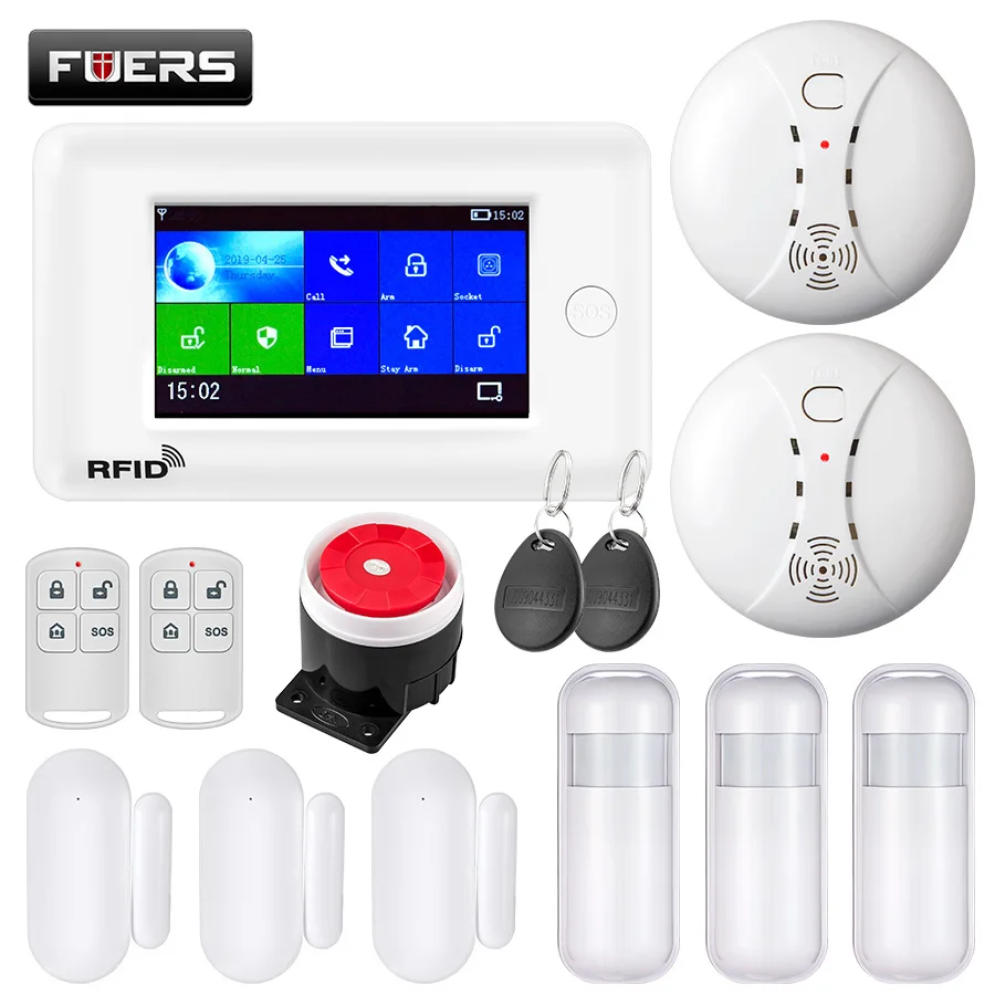 KIT3 FUERS wifi GSM GPRS умная домашняя система охранной сигнализации 4,3 дюймов цветной экран приложение RFID Контроль Детектор дыма PIR детектор движения - Цвет: KIT3