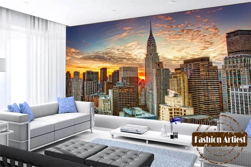 Настенные 3D обои на заказ современный пейзаж Нью Йорка рассвет восход солнца ТВ
