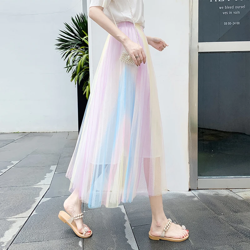 Rainbow color REALEFT Новое поступление женские радужные сетчатые длинные юбки с принтом высокая талия эластичная до середины икры плиссированная элегантная юбка для женщин - Цвет: Rainbow color