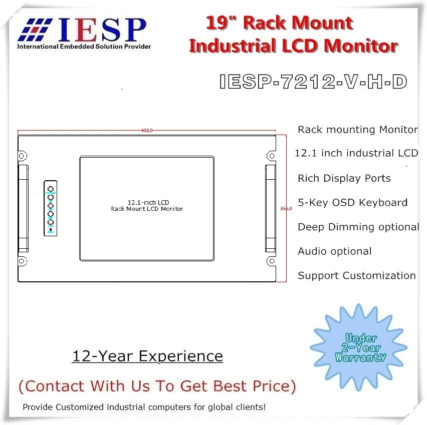 

6U Rack Mount industrial Monitor, 12.1 inch TFT LCD, 5-Wire Resistive Touchscreen Optional, Provide Custom Design Services