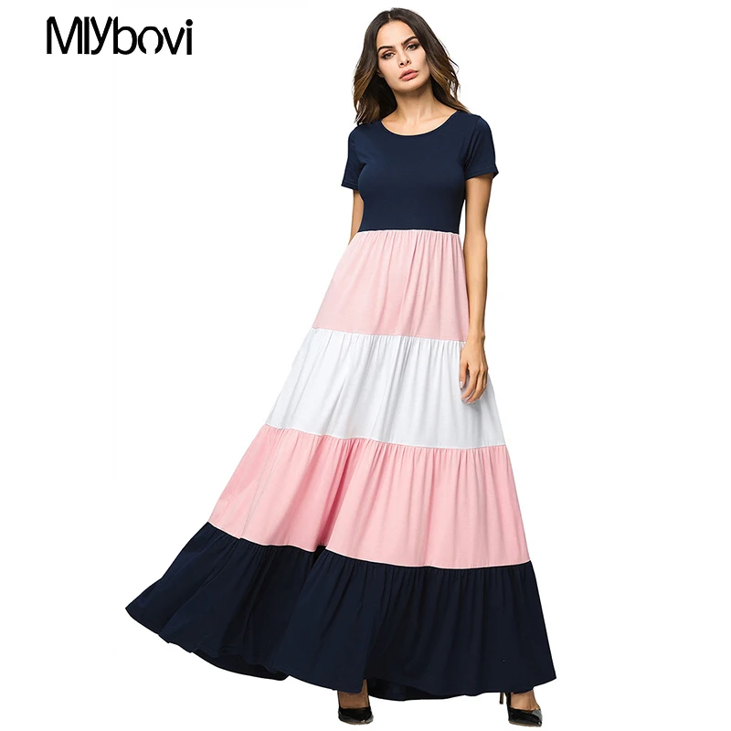Лоскутные stripes Розовый Макси платья Женский Весна 2018 с коротким рукавом мода