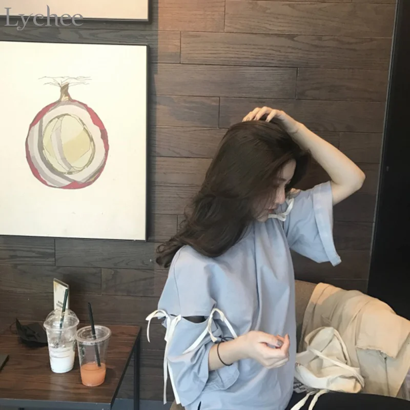 Милая Летняя женская футболка Lychee кружевная с бантом Повседневная Свободная