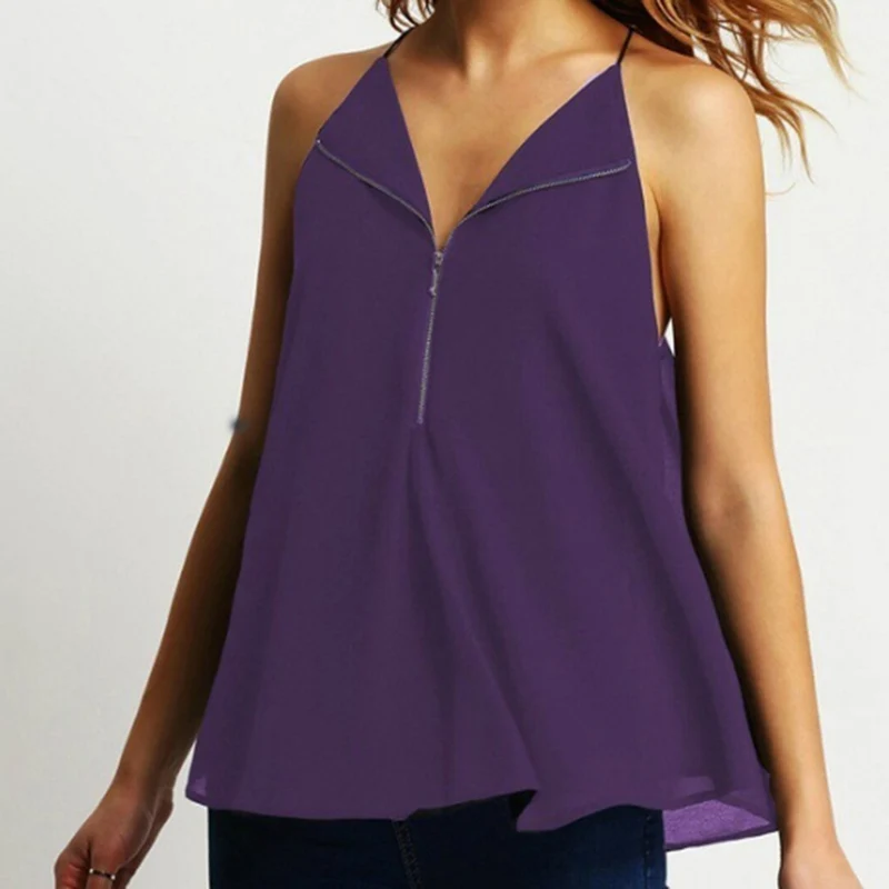 2019 Слинг без рукавов лоскутные рубашки на молнии летние сексуальные женские топы