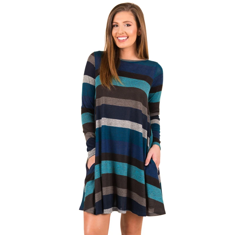 2018 осеннее Новое хлопковое мини платье женское Полосатое свитер с длинным