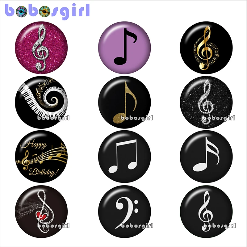 12pcs Mixed Set Музыкальный символ ноты стеклянная кнопка оснастки ювелирные изделия DIY круглые фото Кабошоны с плоской обратной стороной TW1177 - Окраска металла: 12pcs Mixed Set